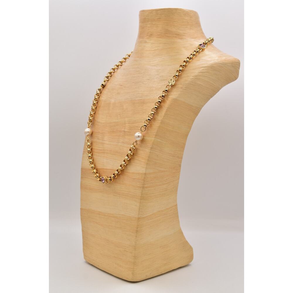 Givenchy Vintage Logo Chain Necklace Pearl Pink Crystal Gold Chunky Signed Bin1 - Picture 10 of 12
